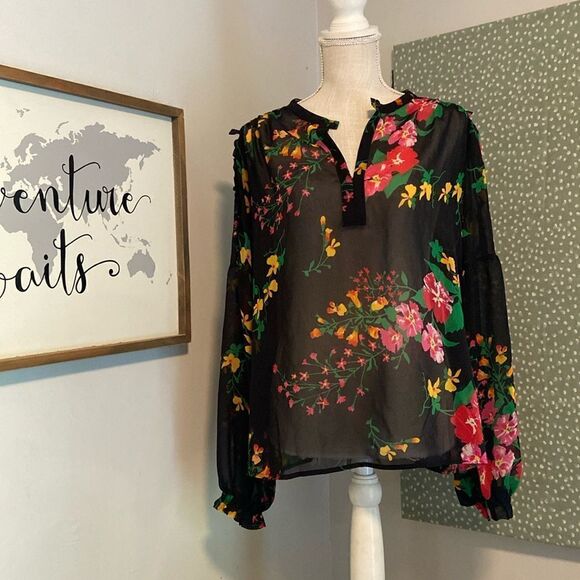 CAbi Black Floral Print Sheer Long Sleeve Blouse Style 59814 Size Medium - Picture 1 of 11